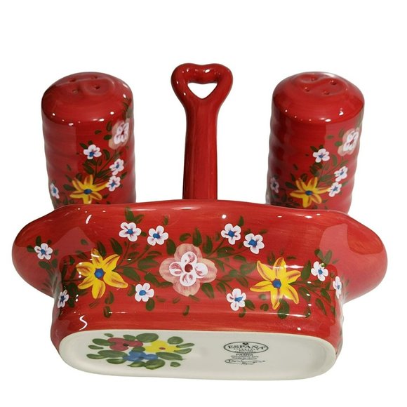 Handcrafted  Ceramic Red Salt And Pepper Shakers With‎ Caddy - Picture 7 of 16